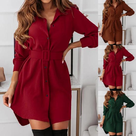 Damenkleid Einfarbig Umlegekragen Vintage Einreihig Langarm Minikleid für die Arbeit