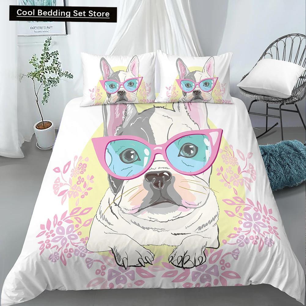 Comforter Cartoon Pug King Queen Double Full Lovely Puppy Bedding Set Pet Animal Yellow Polyester Comforter