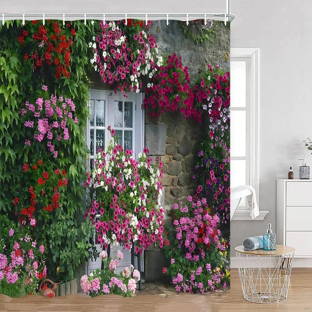Vintage European Style Street View Shower Curtain Street View Old Stone Wall Plant Bathroom Curtain Bath Decoration