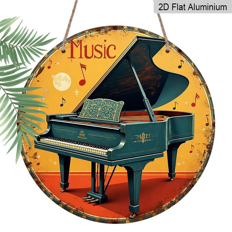 2D Flat Aluminum Decorative Plaques and Ornaments Sign, Hanging Wall Art with Classic Grand Piano Illustration, Retro Music Room Decor for Home