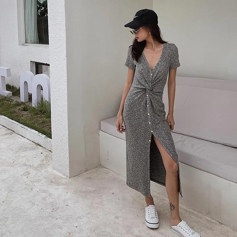 

WTEMPO Женское серое трикотажное платье из ледяного шелка, женское летнее платье макси с разрезом и V-образным вырезом, длинное платье макси с плиссированным разрезом L