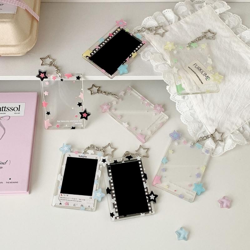 Star Print Photo Card Case with Keychain Clip 3Inch Photo Protectors Waterproof Acrylic Card Covers for Badges Photos
