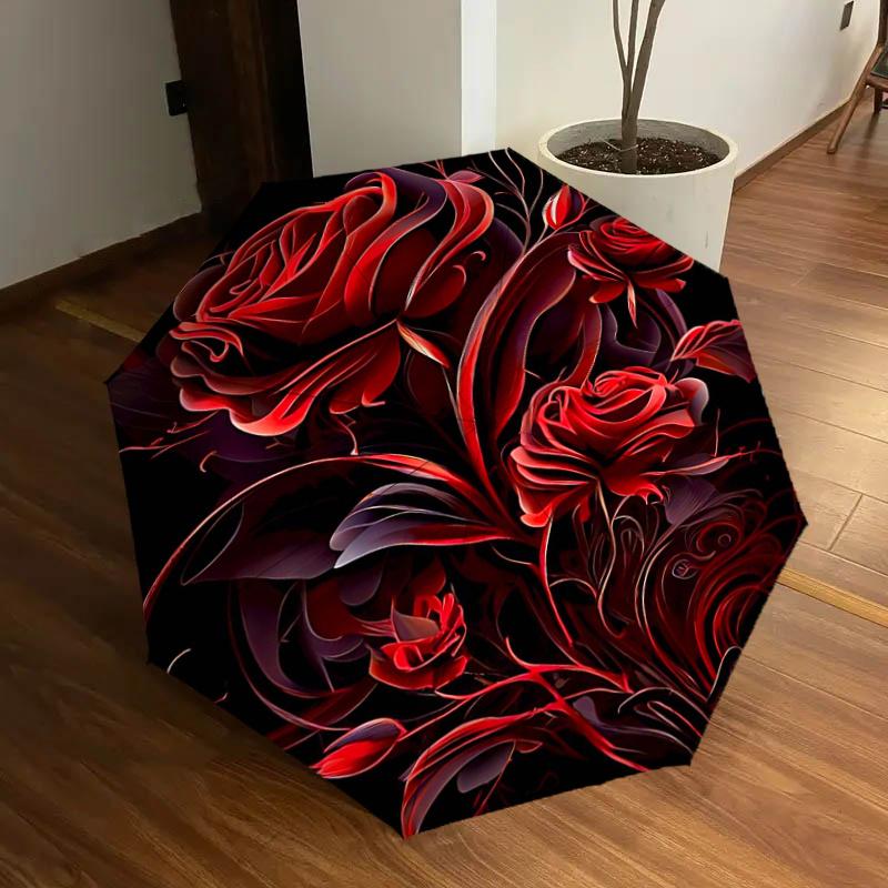 

Elegant Red Rose Bouquet Auto-Folding Umbrella: Portable 3-Fold Design with Iron Frame - Perfect Gift for Fans, Travelers, Daily Use, and Fe