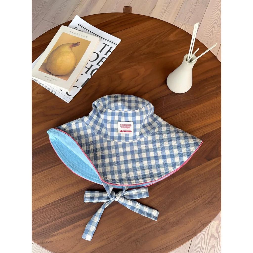 Korean Checkered Strap Fisherman'S Hat featuring A Large Brim designed for Summer A Small Sun-Protective Hat That Can Be Worn On Both Sides