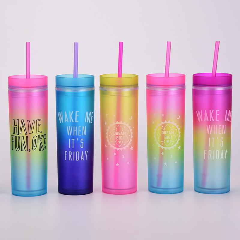 Gradual Change Color Rainbow Color Water Cup Straight Skinny Double Layer Plastic Cup Color Straw Cup