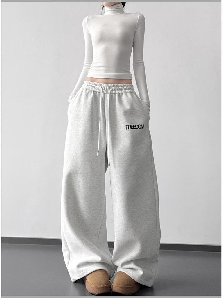 2026 Fall/Winter Red High-Waisted Wide-Leg Women's Sweatpants - Slimming, Casual, Sporty, with Drawstring, Long and Loose Fit.
