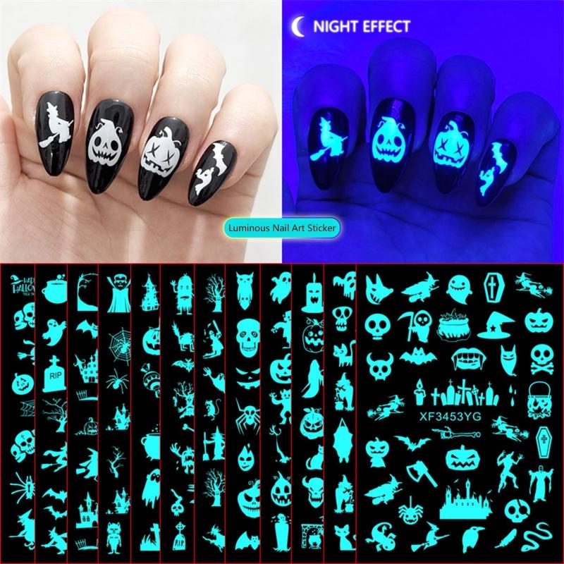 12sheet Luminous Halloween Nail sticker Fluorescent Stickers Glow In The Dark Self Adhesive Halloween Nail Art Stickers