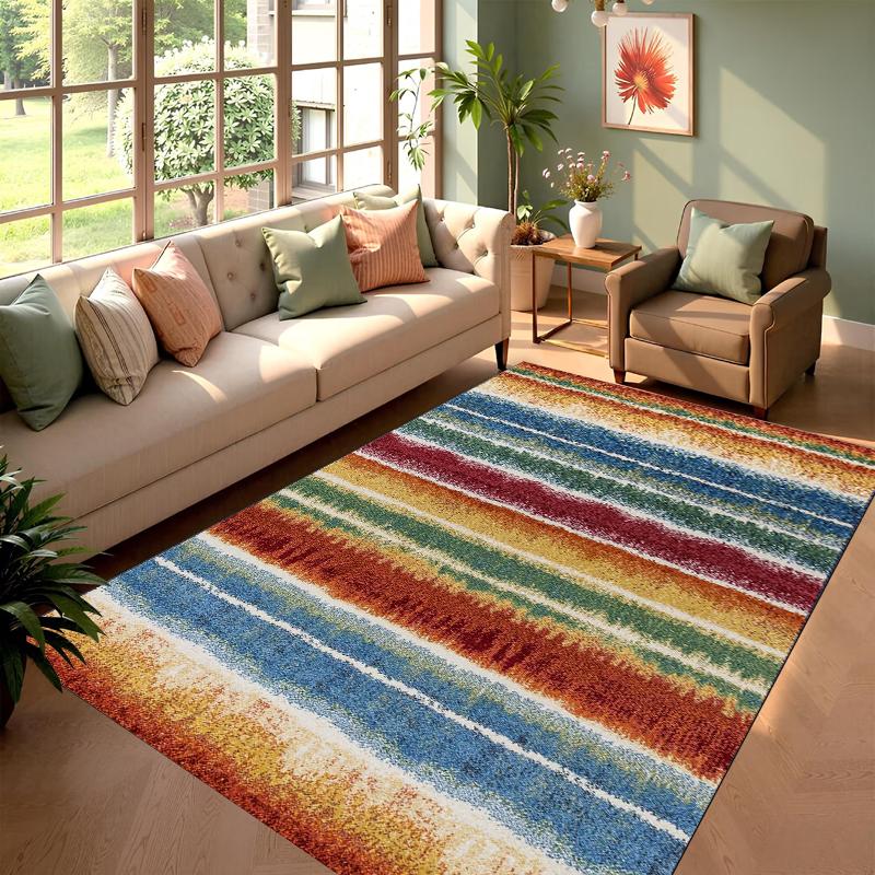 Boho Multicolor Striped Rug Retro Soft Non-Slip Washable Area Carpet Abstract Rainbow Floor Mat for Living Room Kitchen Entryway