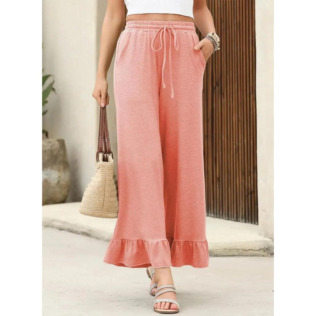 Summer New Loose Casual Thin Home Pants Women's Nine Points Pants Can Wear outside Lotus Leaf Edge Pants Comfortable Home Clothes