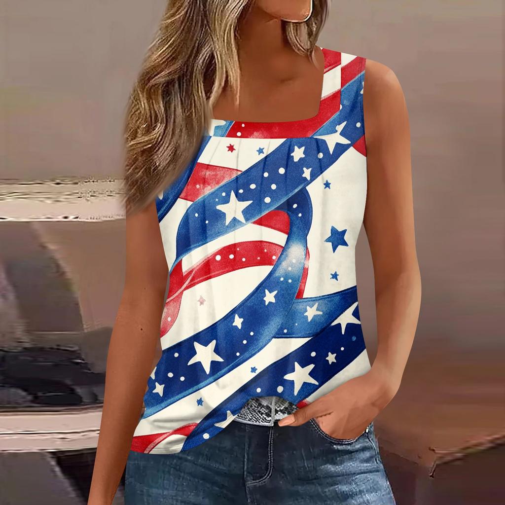 Women's Summer Casual Pleated Square Neck Sleeveless Tank Top Printed T-Shirt