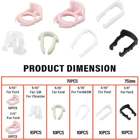 70PCS Car Fuel Line Clips,7 Size Nylon Fuel Line Repair Kit Replacement 3/8" & 5/16" Fuel Line Clamp,Durable Fuel Hose Retainer Clips Compatible With