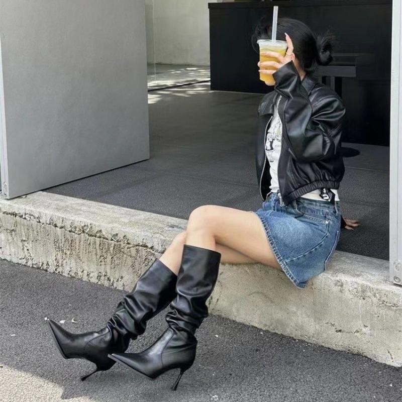 Women Pointy Pleated Western Cowboy Boots New Fashion Slip-On Long Pipe Boots Female Sexy Thin High Heel Trend Knee High Botas