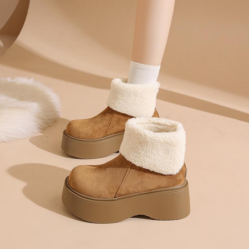 

Зимние женские ботинки на толстой подошве, с меховой подкладкой, увеличивающие рост, новые модели осень-зима 2025, плюшевые короткие ботинки Birkenstock, теплые шерстяные хлопковые туфли 40 темно-коричневого