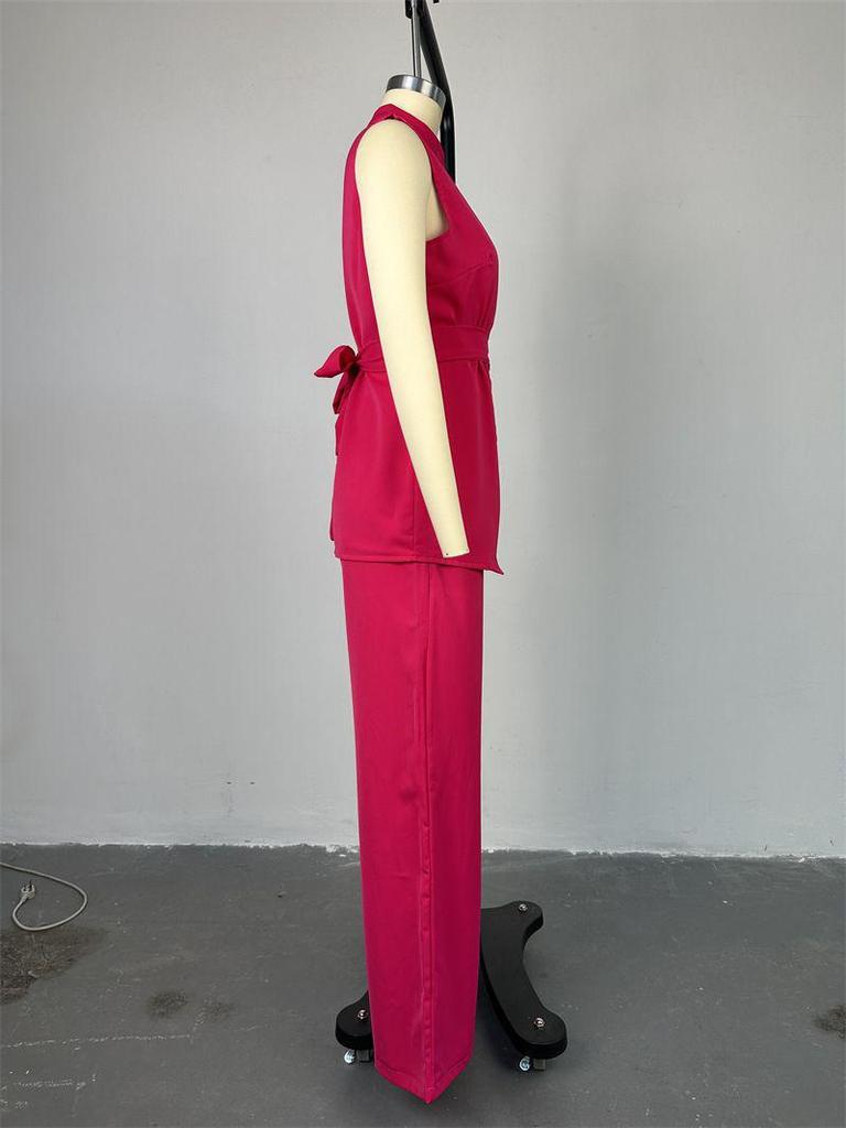 2025 Summer Women's Wear: Stand-up Collar Buttoned Sleeveless Top & Wide-leg Pants Set