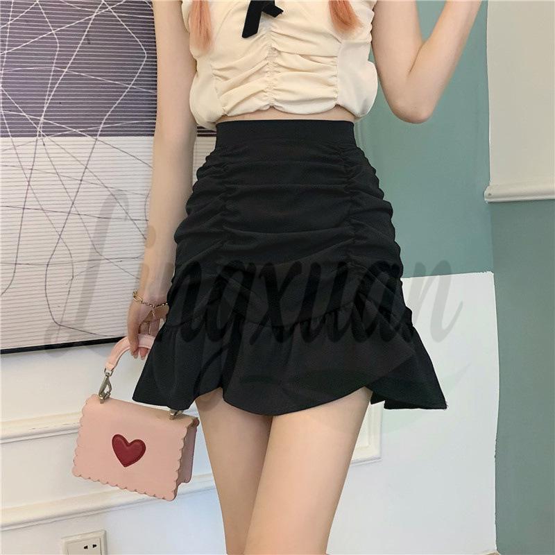 Women s Plus Size Korean Style High-Waisted Ruffle Fishtail Mini Skirt M чёрный