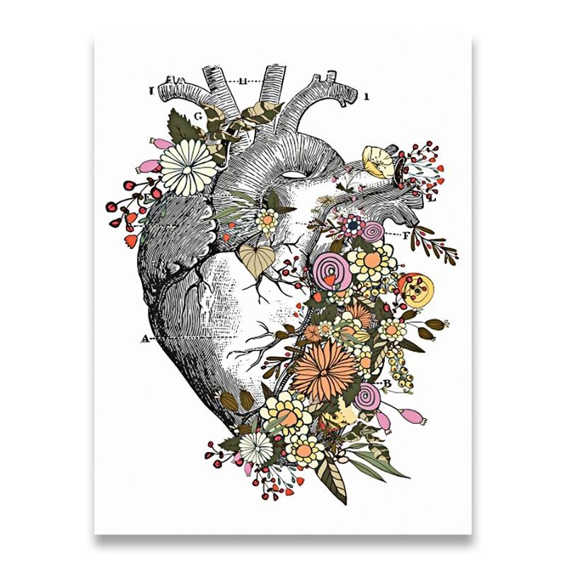 

Винтажная анатомия с цветочным сердечком, мозгом, настенная живопись на холсте, ретро постеры и принты, настенные панно, декор для врача и клиники 20x30cm No Frame