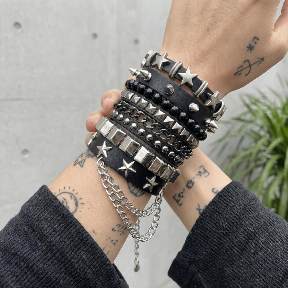 5 pcs Zinc Zinc Alloy Chain Bracelet Spike Star Stud Wristband Rock Style Punk Bracelet Set Gift