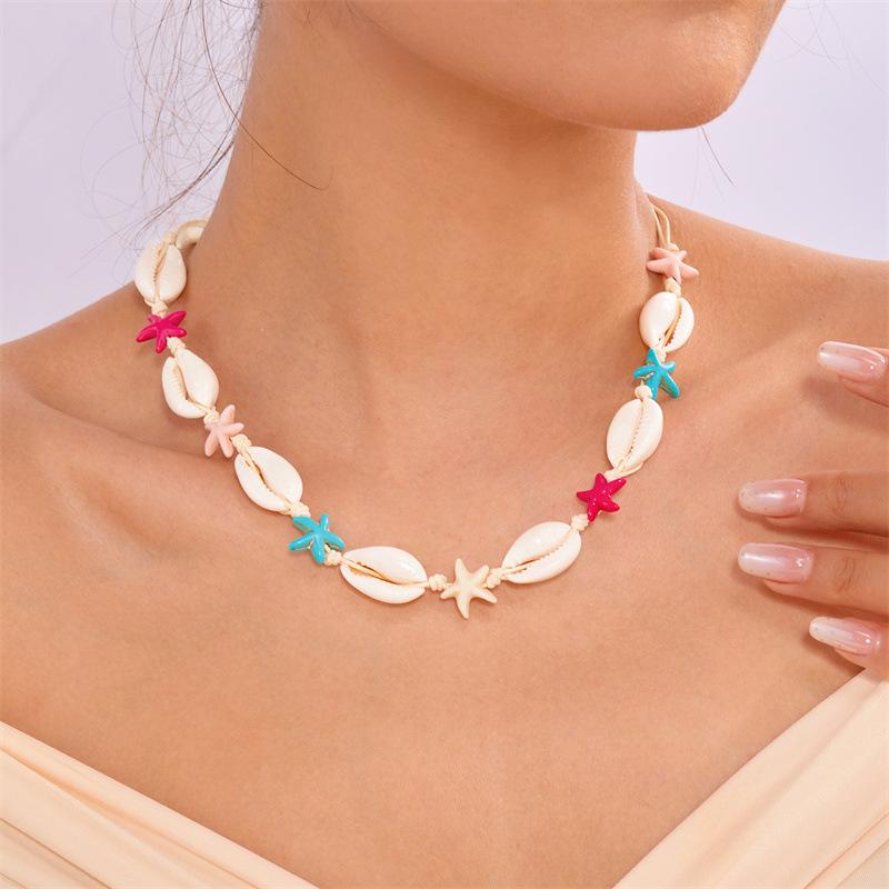 Bohemian Handmade Braided Beaded Seashell Starfish Pendant Clavicle Chain Necklace Women Beach Vacation Jewelry Accessories