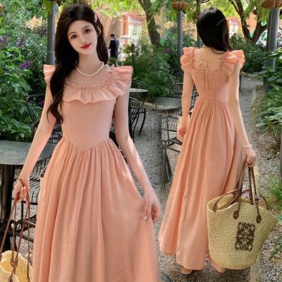 Süßes und elegantes langes Chiffonkleid mit Lotusblattrand für Damen in Übergröße im Sommer