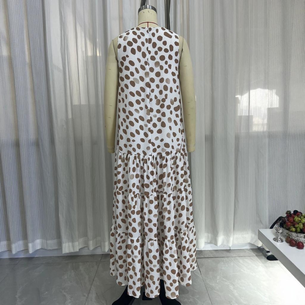 French Retro Polka Dot Sleeveless Chiffon Long Dress Round Neck Loose Pendulum Beach Vacation Cake Dress Summer