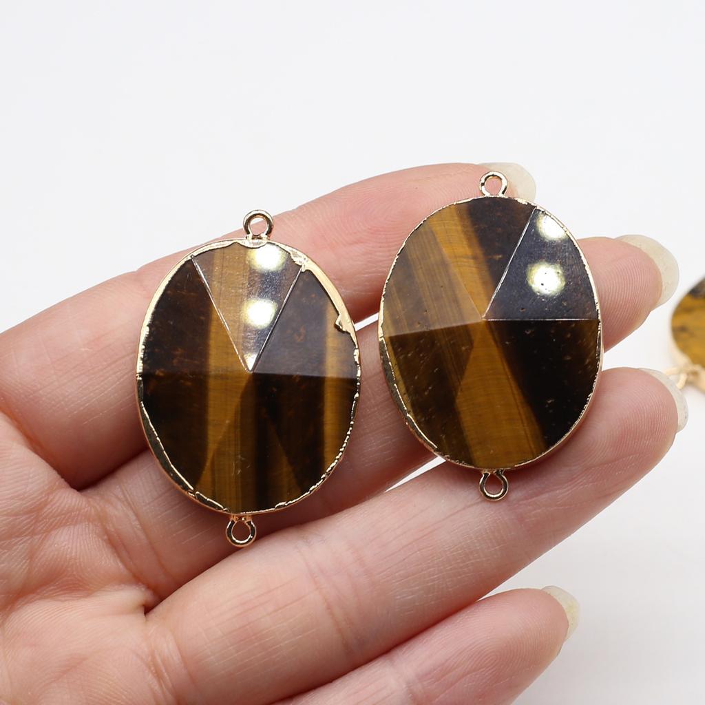 Facettierter Tigerauge-Anhängerverbinder aus Naturstein, handgefertigte elliptische Charms-Verbinder für die Schmuckherstellung (DIY-Accessoires für Halsketten und Armbänder)