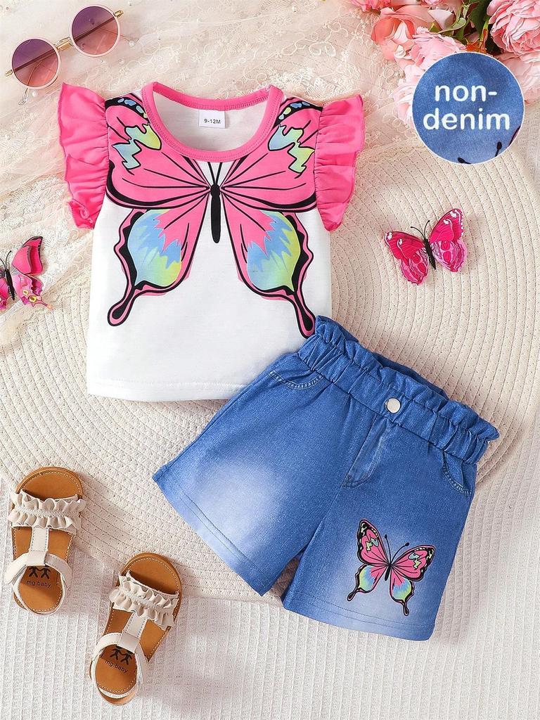 Baby Girl 2PCS Fashion Summer Outfit Set Butterfly Print Ruffle Sleeve T-Shirt + Denim Shorts for 0-3Y Newborn Casual Clothes
