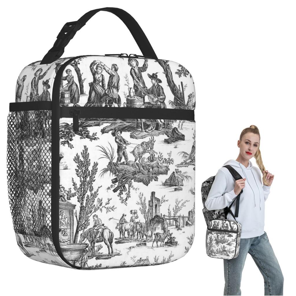 Black And White Toile De Jouy Insulated Lunch Bag for Women Children Portable Food Boxes Thermal Lunch Box Tote