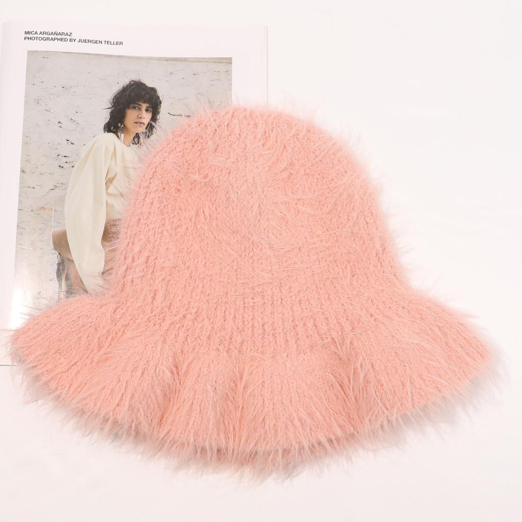 New autumn and winter pulling bucket hat, warm Korean version imitation mink plush hat, thick ear protector basin hat, knitted wool hat