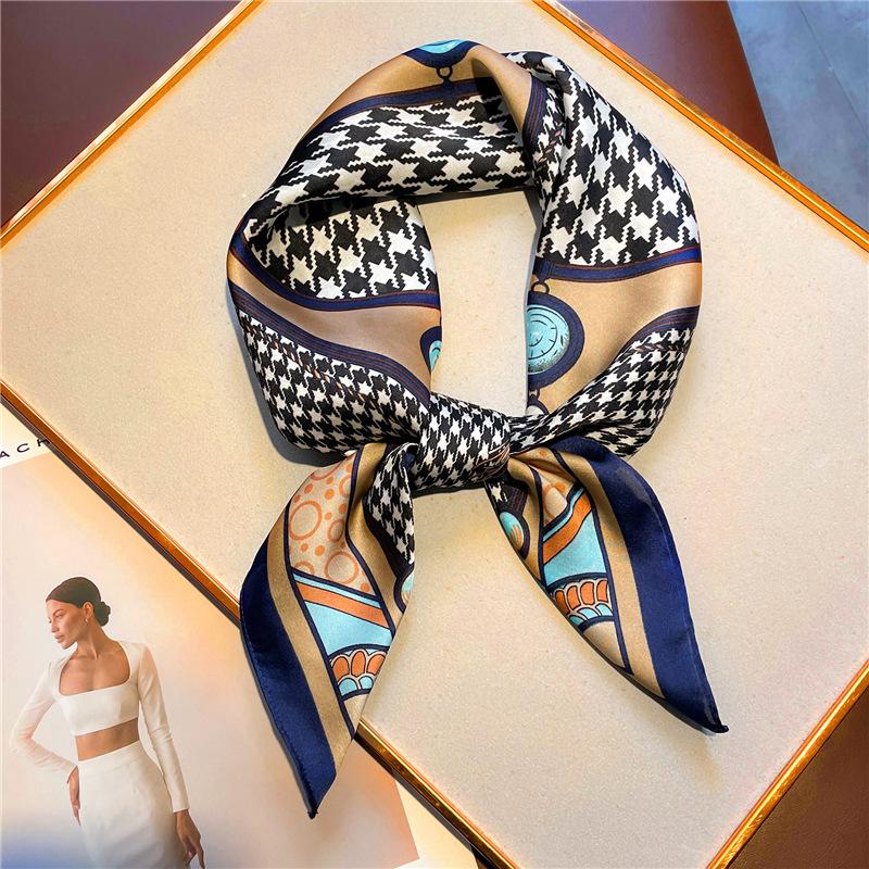 Thousand Birds Plaid Scarf Simulation Silk Square Scarf Small Silk Scarf Versatile Scarf Decorative Tie Hair European and American Style New Women