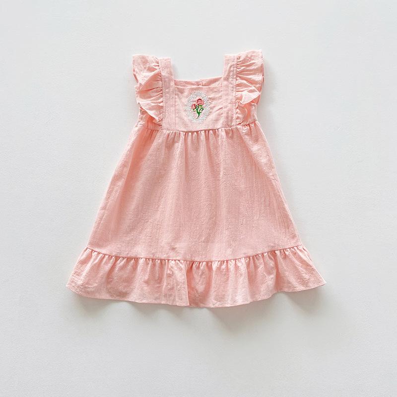 Girls Summer Rose Embroidered Dress Square Neck Flutter Sleeve Casual Princess Dress for Kids 90cm розовый
