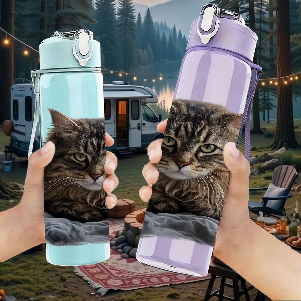 1PC Tabby Cat Sleep Cozy Scene Print 750ml Color Plastic Sports Water Bottle Leakproof Flip Straw Lid Suitable for Sports Office Home Use