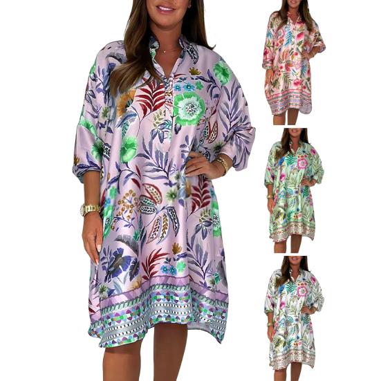 Women's Plus Size Boho Dress Floral Print Short Sleeved Button Up V Neck Dress Knee Length Summer Casual Shirt Dress