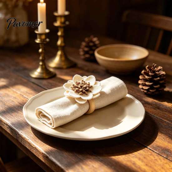 Reusable Cloth Napkin Rings 6Pcs Linen Flower Rings, Wooden Ring Rustic Holders, Floral Table Decorations Farmhouse for Wedding Bridal Shower