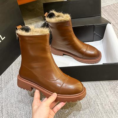 Ankle Boots Fleece-Lined Thickened Rear Zipper Hot Boots Women's Platform Snow Boots Genuine Leather Skim-Fit Casual 2024 NEW