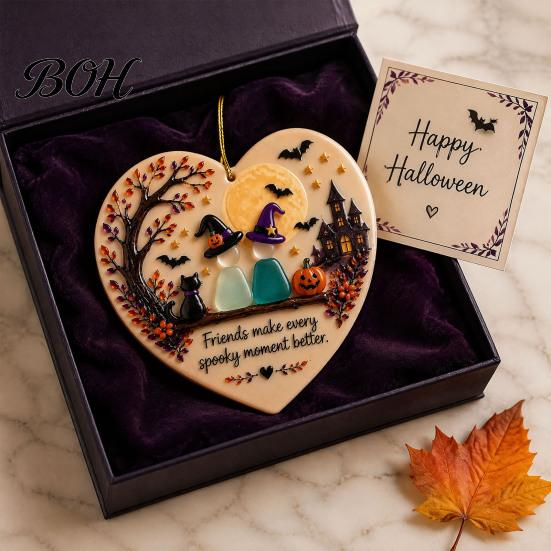 Heart Shaped Coastal Decor Heart-Shaped Sea Glass Art Friendship Ornament, 2D Flat Ornament Keepsake, Halloween Pumpkin Black Cat Hanging Decoration,