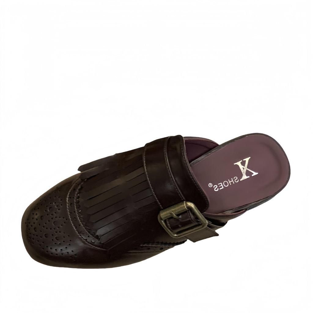 Genuine Leather Carved Tassel Mules - Women's Low Heel, Pointed Toe Slip-On Sandals