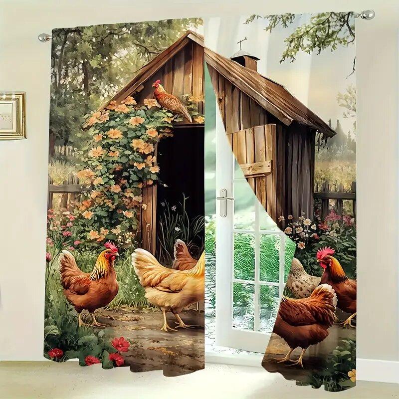 Set Of 2 Retro Country Style Chicken Coop Patterns Printed Curtains Window Decorations Home Room Made Polyester