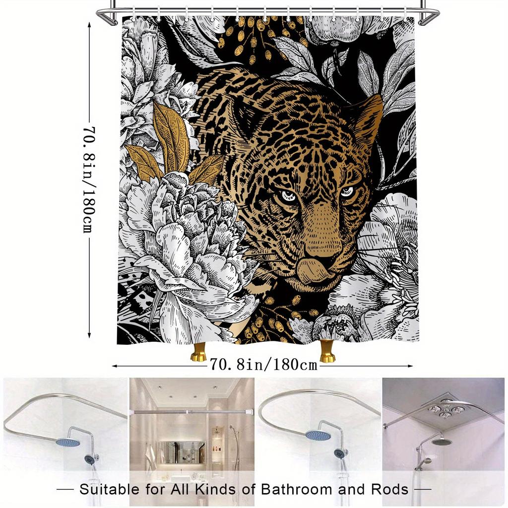 1pc Realistic Leopard Shower Curtain with Detailed Botanical Background Featuring Flowers and Berries, Intricate Line Art Style,