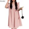 ZANZEA Abito Casual da Donna Girocollo Tinta Unita Largo Manica Corta