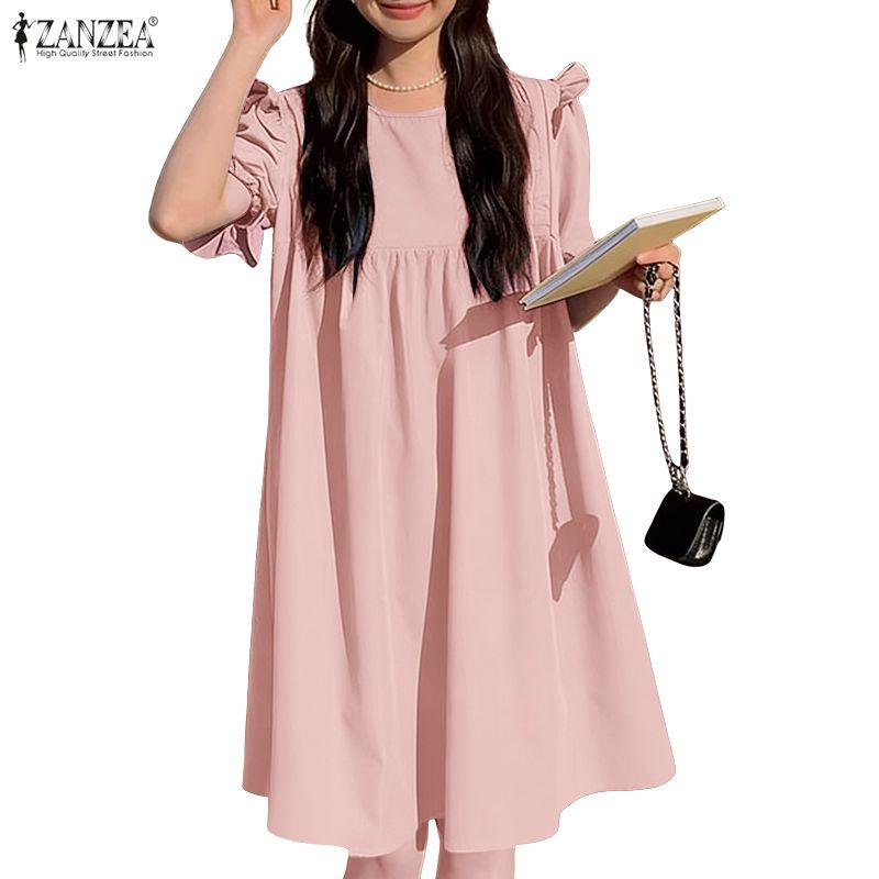 ZANZEA Abito Casual da Donna Girocollo Tinta Unita Largo Manica Corta