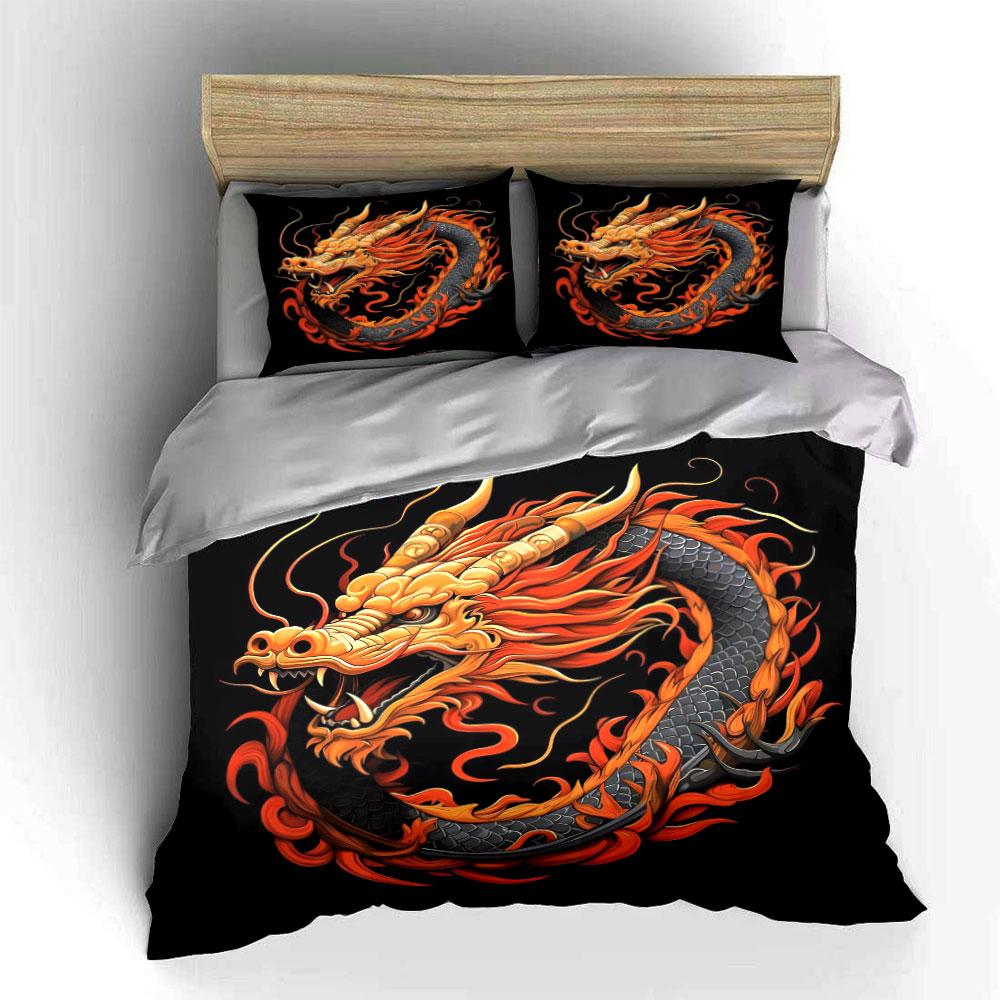 3Pcs Fiery Chinese Dragon Bedding Set, Mythical Beast Print Duvet Cover + 2 Pillowcases, Bold Decor