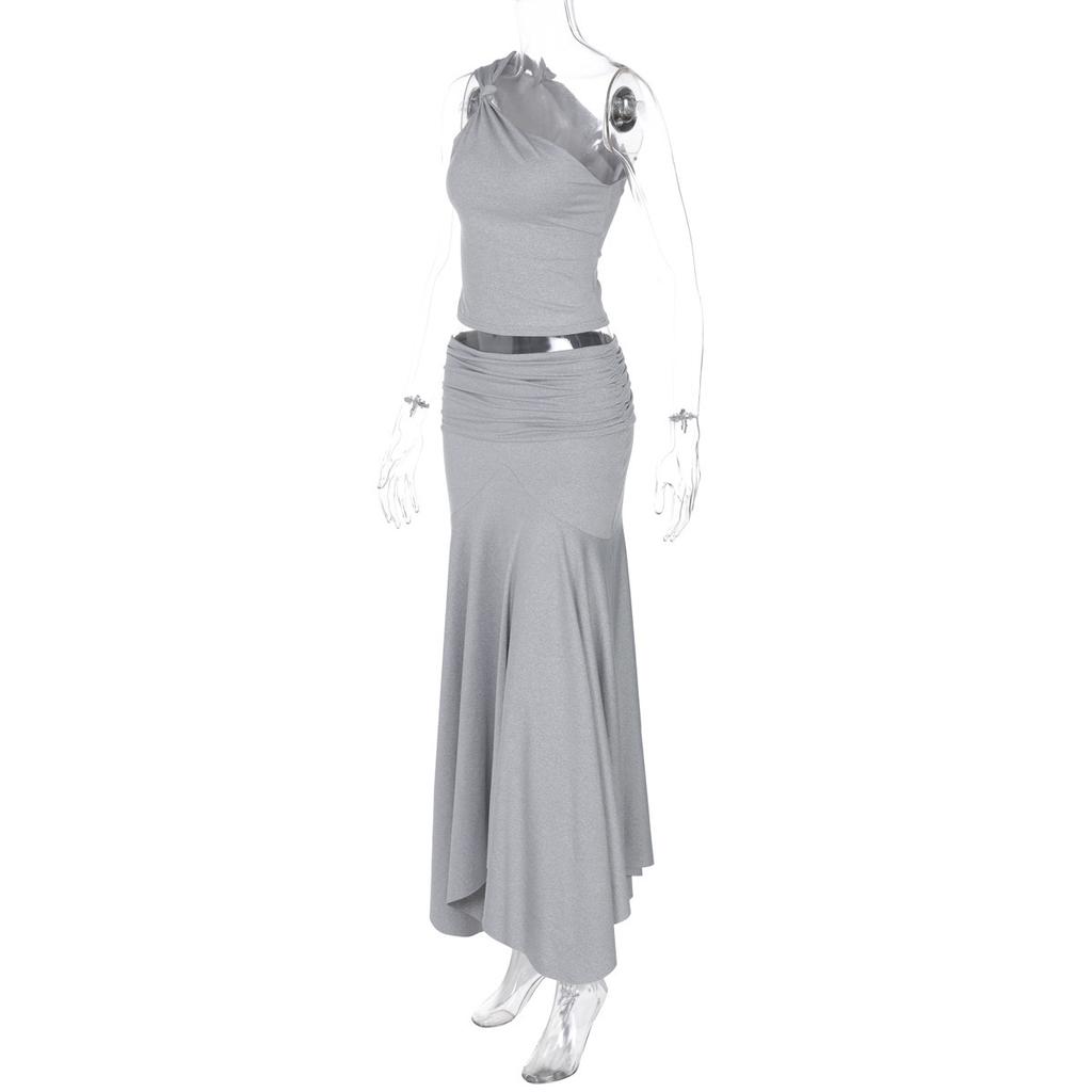European and American women's solid color slanted shoulder sleeveless crop top, high waist pleated skirt two-piece set