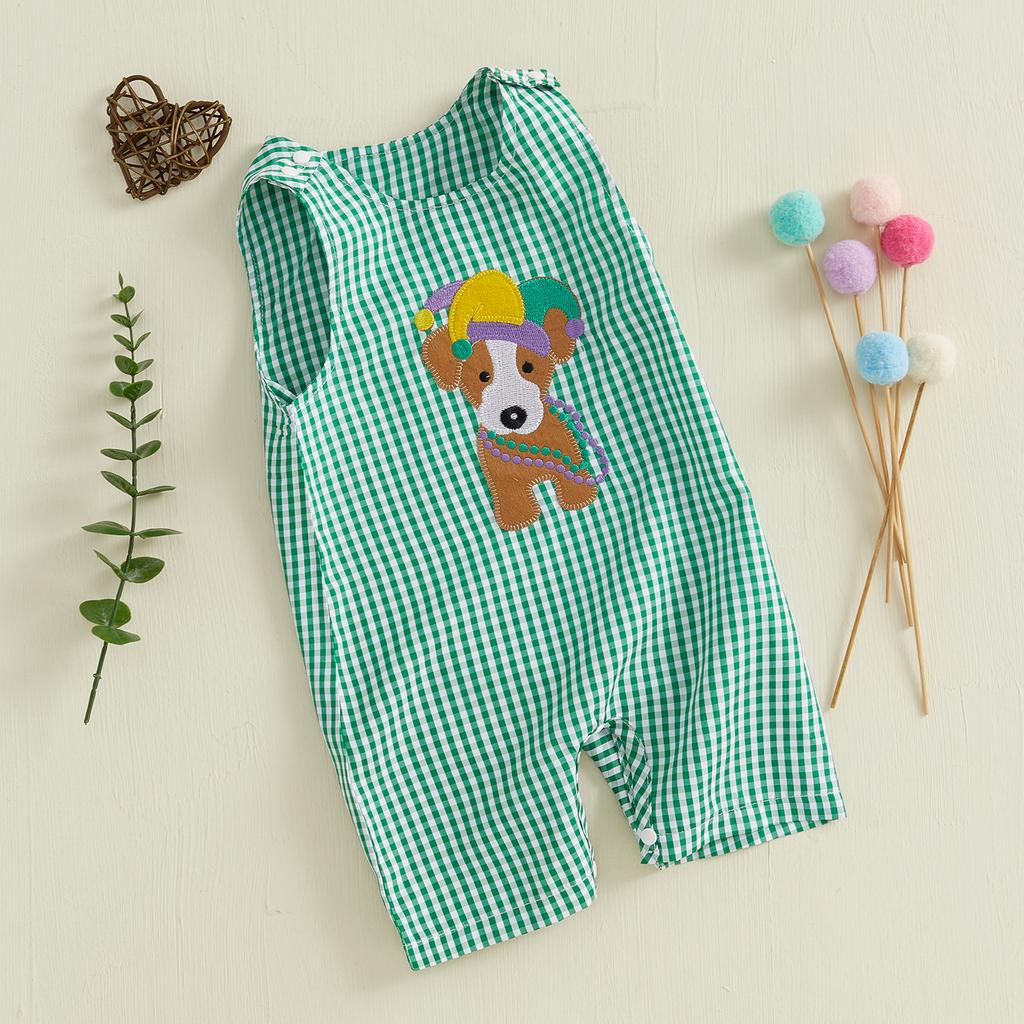 Baby Summer Rompers Soft Plaid Puppy Pattern Button Sleeveless Crew Neck Newborn Jumpsuits