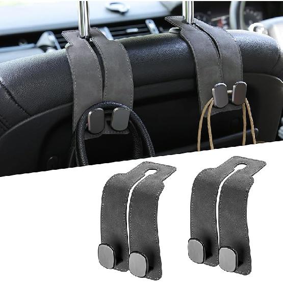 KINIVA Car Seat Headrest Storage Hooks, Set Of 2, Suede PU Leather, Double Hooks (Black)
