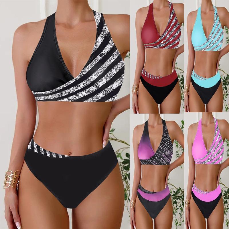New Bikini Split Print Swimsuit Women's Splicing Gathering Swimsuit