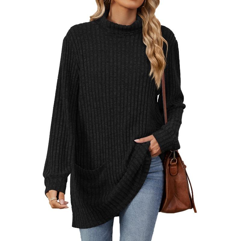 Autumn and Winter Women's Blouse Solid Colour Half-high Neck Long Sleeve Loose Pocket Tops
