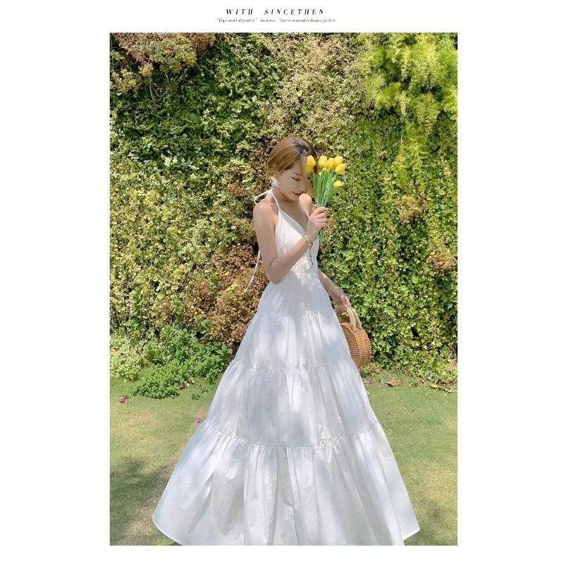 Damen Sommer rückenfrei Hängender Hals Neckholder Urlaub lange lockere Kleider