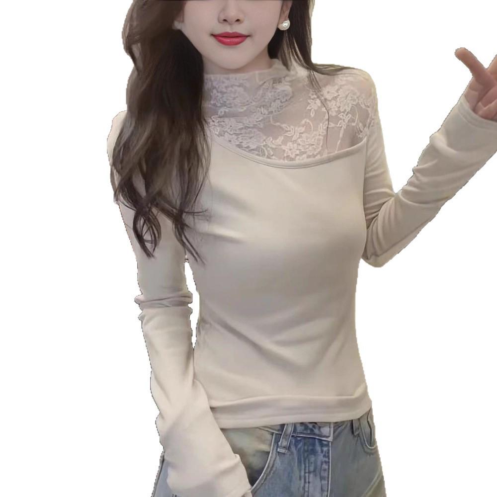 Plus Size Velvet Lace Patchwork Long Sleeve Slimming T-Shirt for Women - Half-High Collar, Warm & Stylish Autumn/Winter Top