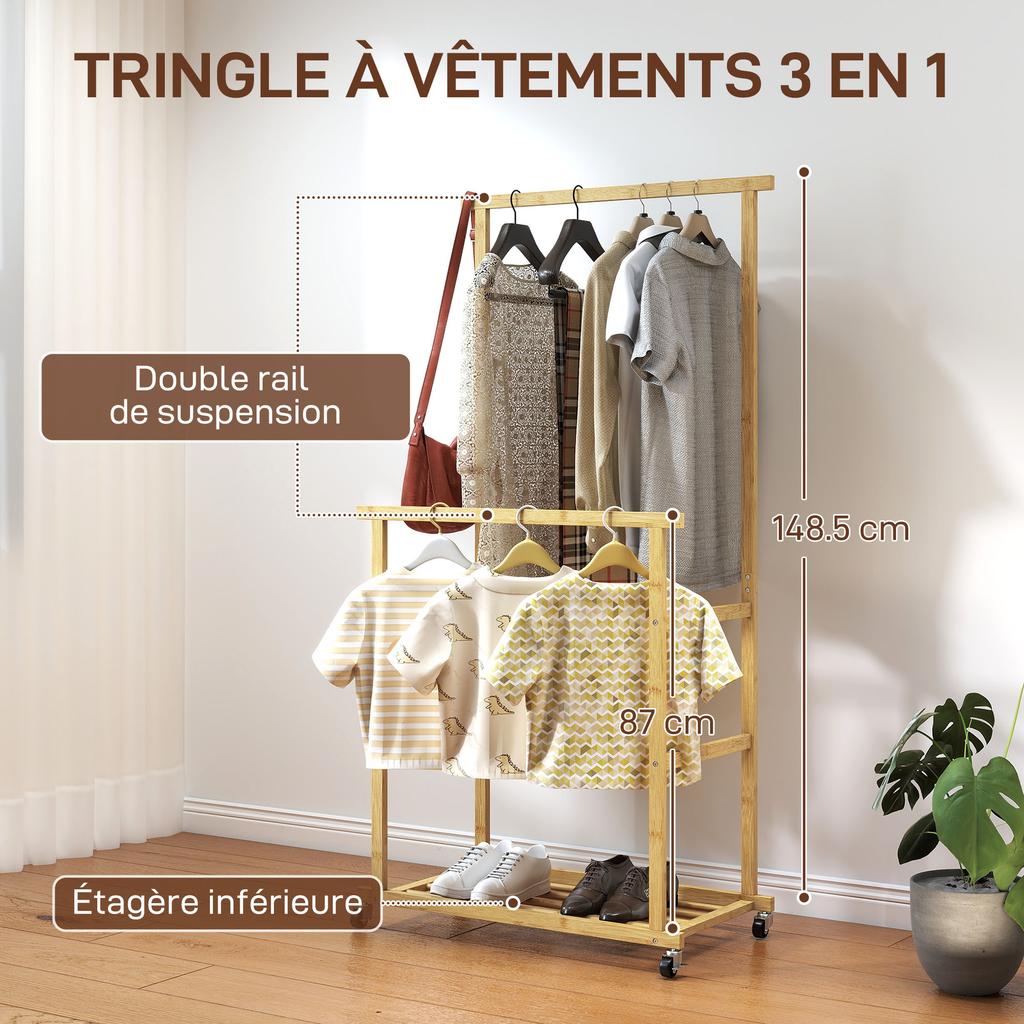 Rolling Bamboo Clothes Rack with Double Bar and Lower Shelf, 80x40x160cm, Natural Wood