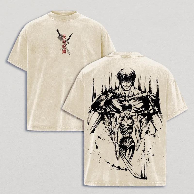 Zenin Maki Jujutsu Kaisen T-shirt Fushiguro Toji Vintage Washed Oversized T Shirt Men's Clothing Short Sleeve Cotton Tees Tops